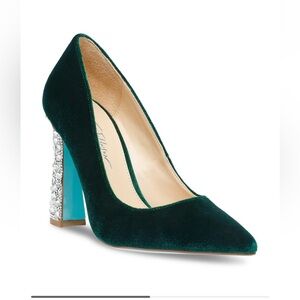 Betsey Johnson Emerald Velvet Heels with Crystal Block